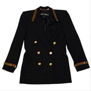 Vintage Escada Pure New Wool Dark Blue Blazer with Gold beaded Accents SZ 34 S